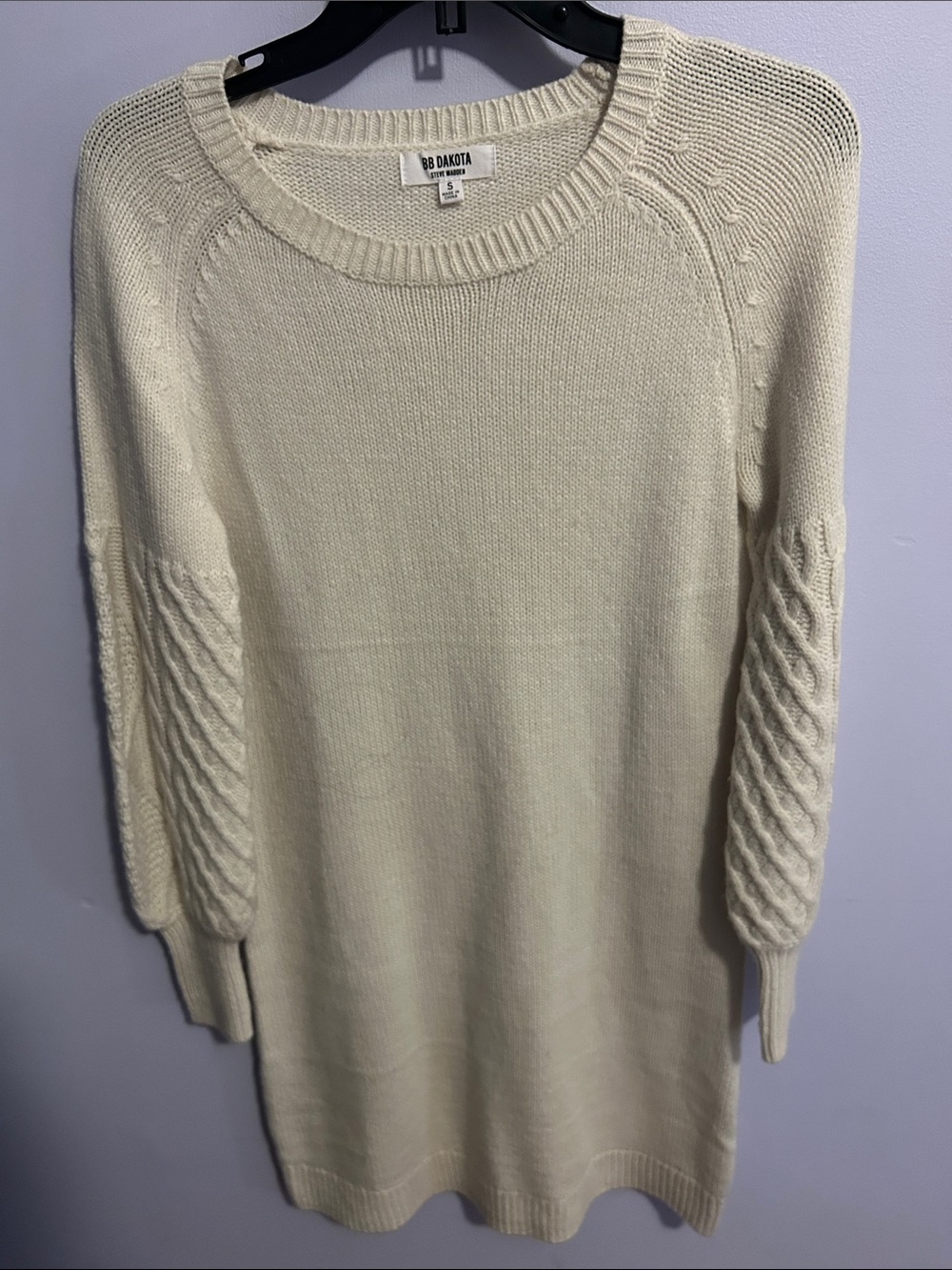 BB Dakota Ivory Cable-Sleeve Crew Sweater